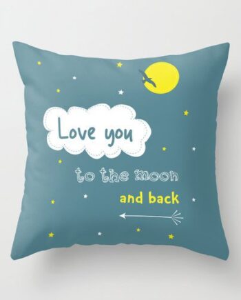 Love you to the moon and back cushion. Blue background with stars and clouds