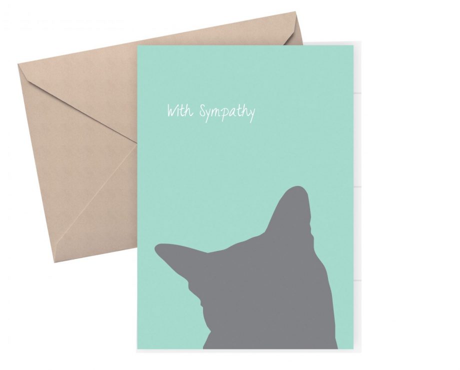 A sympathy card for someone who has lost a much cat. Printed on a green background 