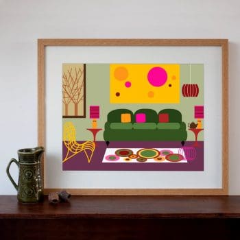 Retro 70s Style Living Room Interior - Digital Art Print 30cm x 40cm