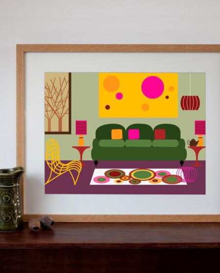 Retro 70s Style Living Room Interior - Digital Art Print 30cm x 40cm