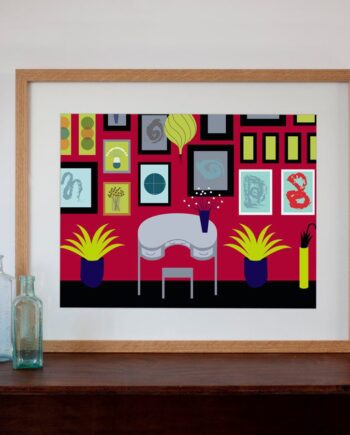 Retro Study Interior with Red Walls - Digital Art Print 30cm x 40cm