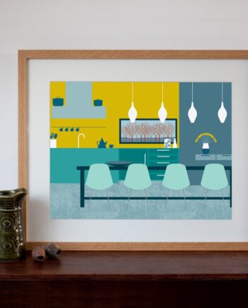 Modern mid-century Dining Room Interior - Digital Art Print 30cm x 40cm