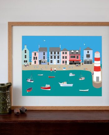 English Fishing Village Art Print in Naive Style 30cm x 40cm