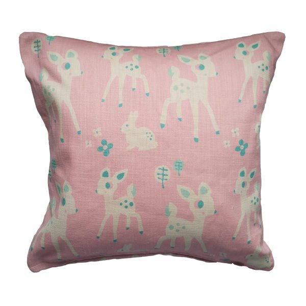 Woodland Cushion in Pink featuring deer and rabbits