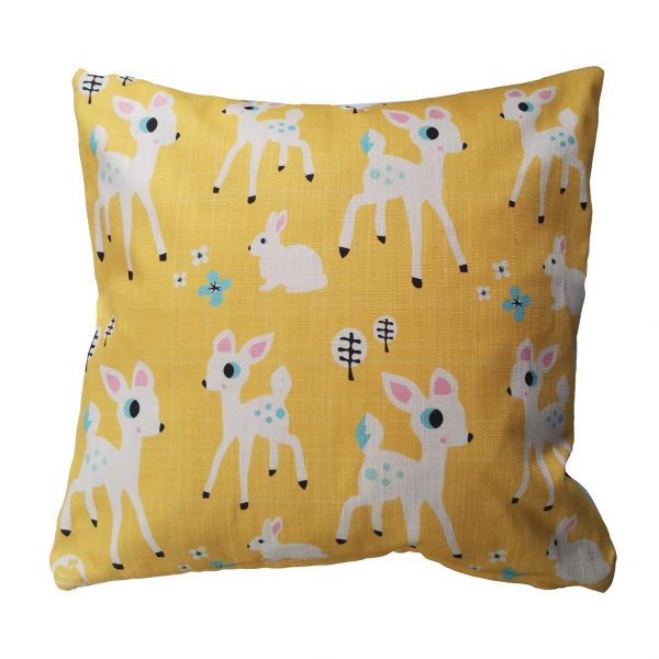 Woodland Cushion Yellow featuring deer and rabbits