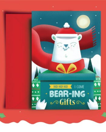 I come bear-ing gifts Christmas Card. A cute white bear holding a gift for Christmas 