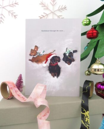 Dachshund Illustrated Christmas Card With Sparkle & Pom Pom Hat