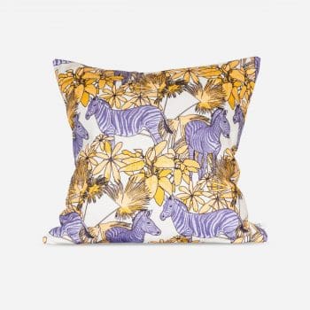 Zebra Cushion Cover. Purple Zebras with yellow foliage. 