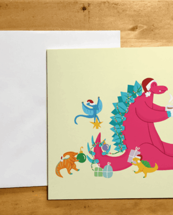 Cute Illustrated Dinosaur Scene Christmas card Square Recycled Greetings Xmas Tree
