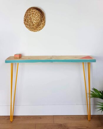 Reclaimed scaffold console table, triangle design
