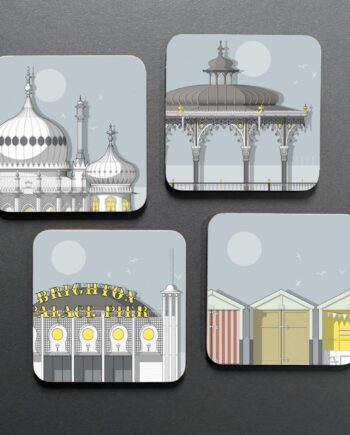 The Brighton Sun Coaster Set of four includes 4 coasters featuring some of Brighton’s most recognisable landmarks: Royal Pavilion, Bandstand, Palace Pier and Beach Huts.