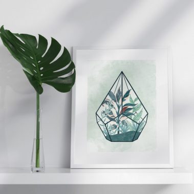 An illustration of plants in a terrarium, in a green colour palette.