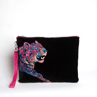 Big Cat hand embroidered clutch bag in black
