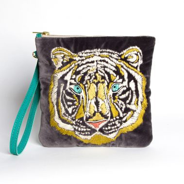 Big Cat Collection hand embroidered clutch bag - turquoise