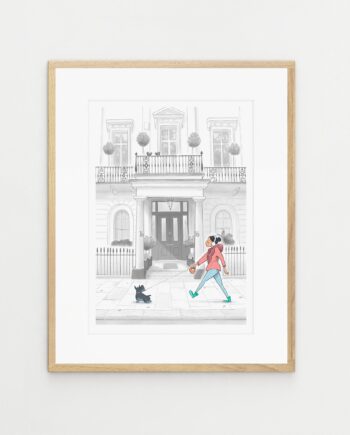 A Stroll Through Kensington, London Artwork, lady with dog