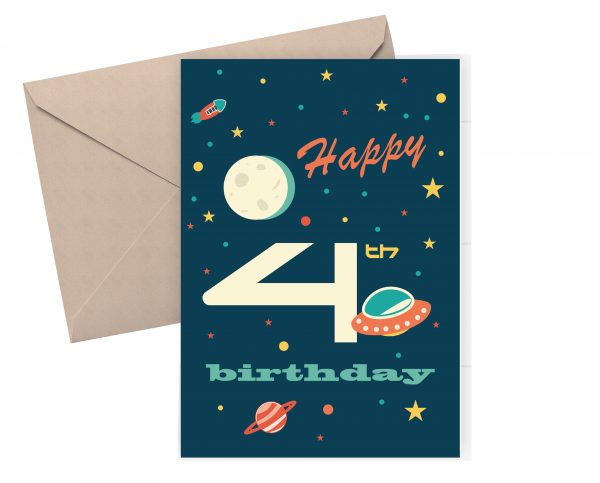 4th Birthday Card - Space theme. stars and spaceships on a blue background