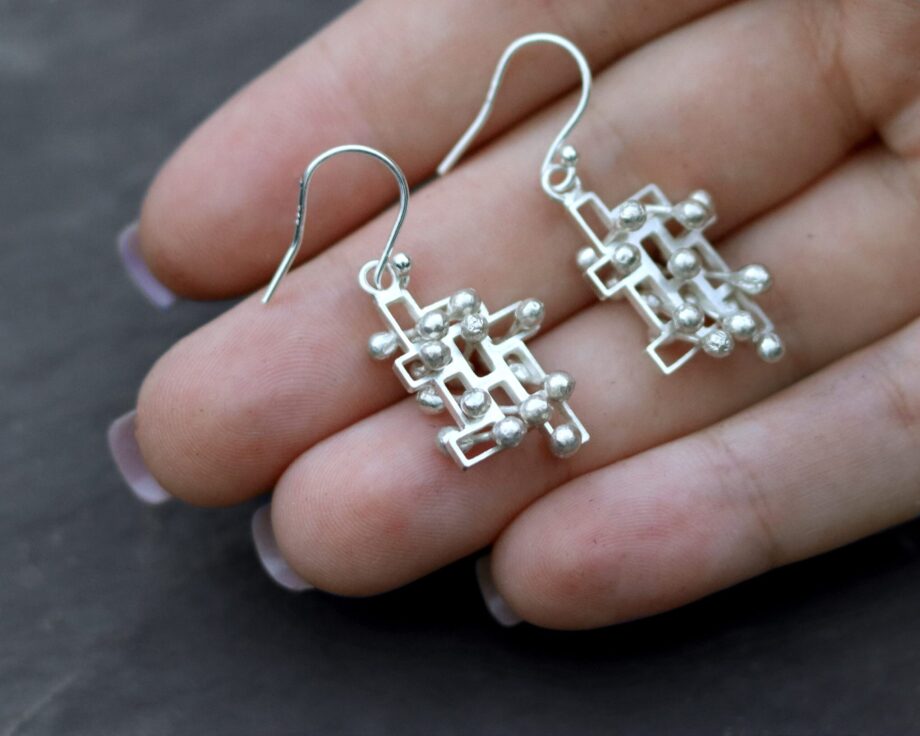 Kinetic large silver drop Statement earrings, style 2.