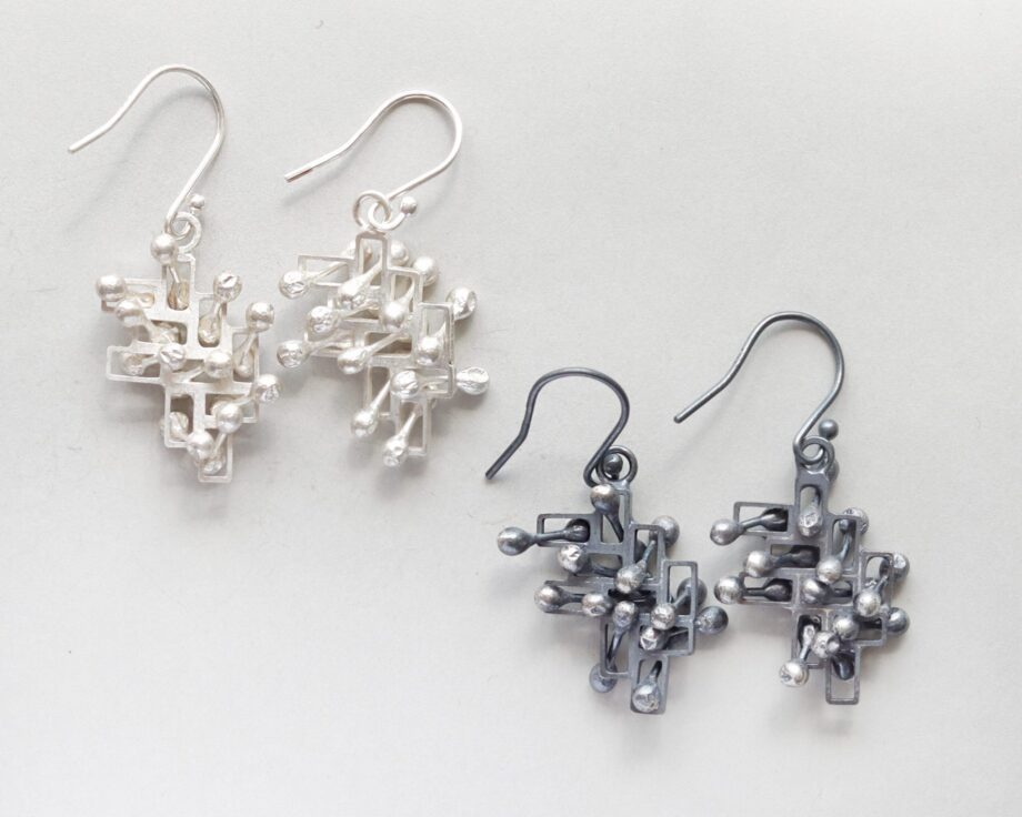 Kinetic large silver drop Statement earrings, style 1.