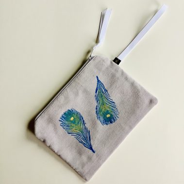 Velvet Makeup Bag with Peacock Feather Print - Grey