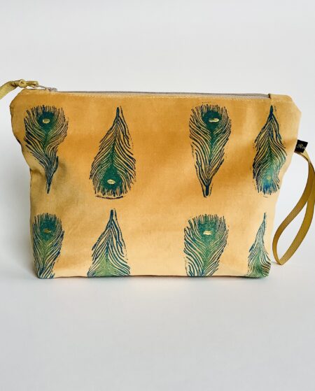 Feather Print Gold Velvet Zip-Up Pouch; Makeup Bag