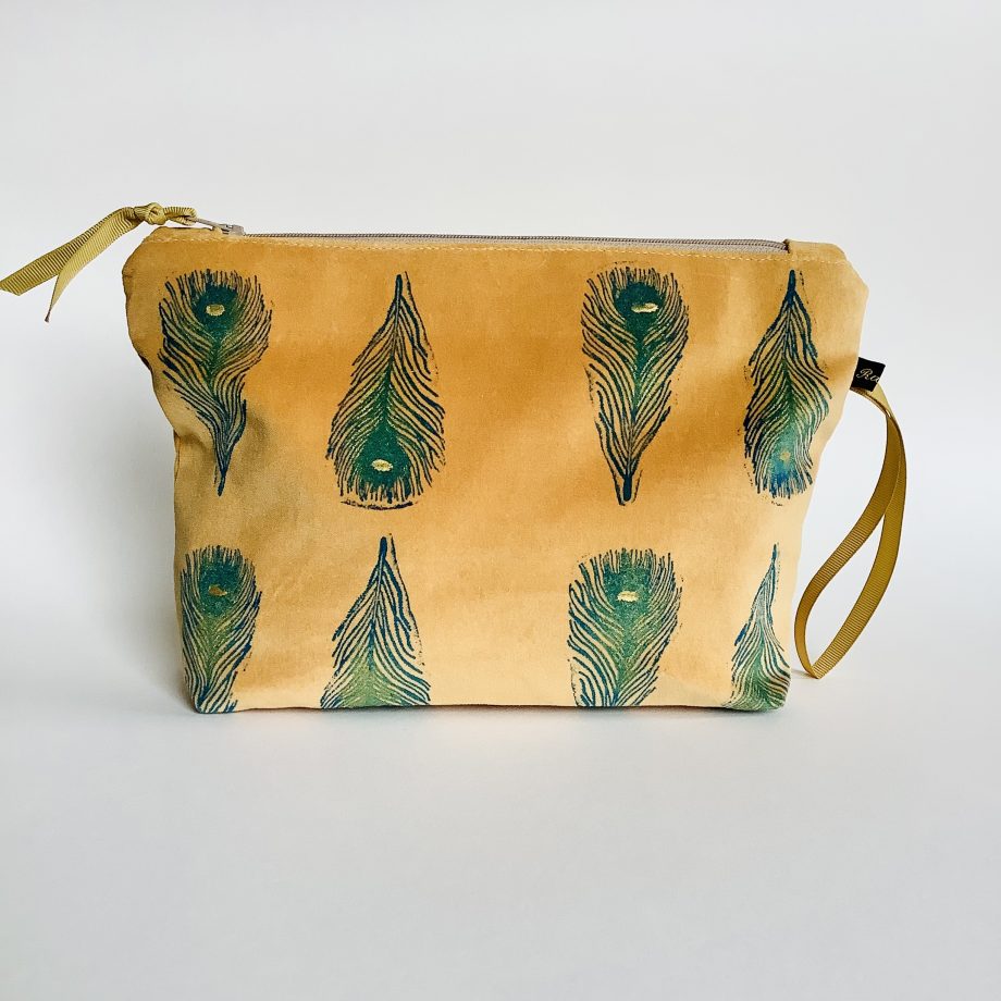 Feather Print Gold Velvet Zip-Up Pouch; Makeup Bag