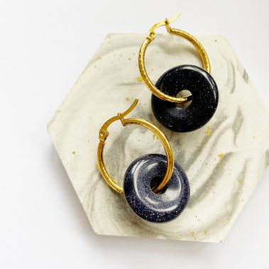 Gold Lever back hoops with Navy Blue disc shaped stone