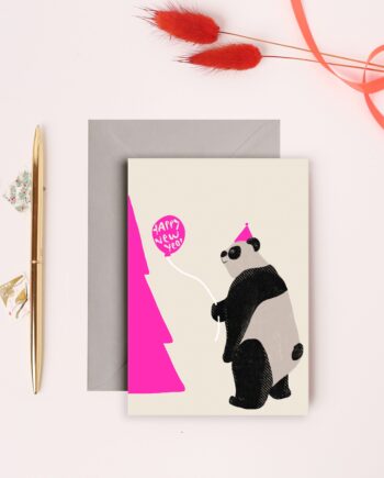 Panda Bear with Neon Pink Ink and New Year Balloon Simplistic and modern greeting cards for Christmas