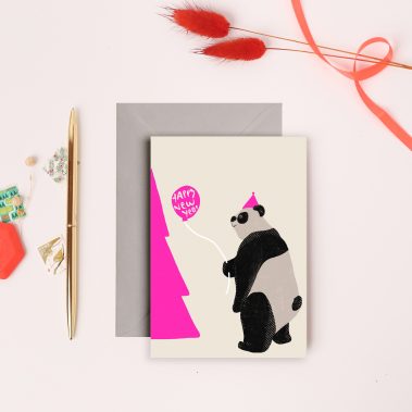 Panda Bear with Neon Pink Ink and New Year Balloon Simplistic and modern greeting cards for Christmas
