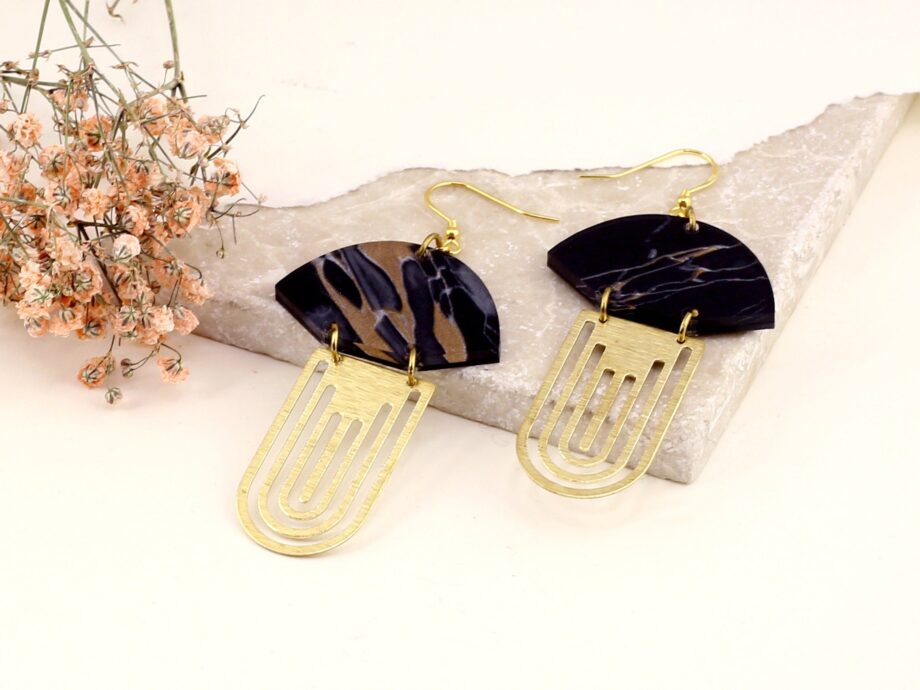 Art deco acrylic gold vermeil Fan Drop Earrings