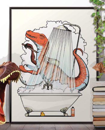 Dinosaur Velociraptor taking a Shower in the Bathtub