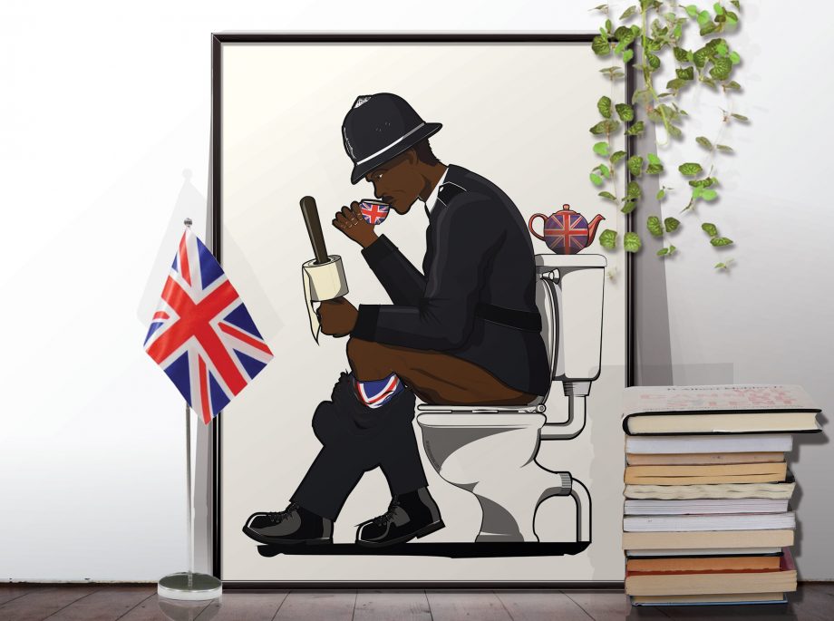 British Police Officer on the Toilet Funny Bathroom Humour Art Print