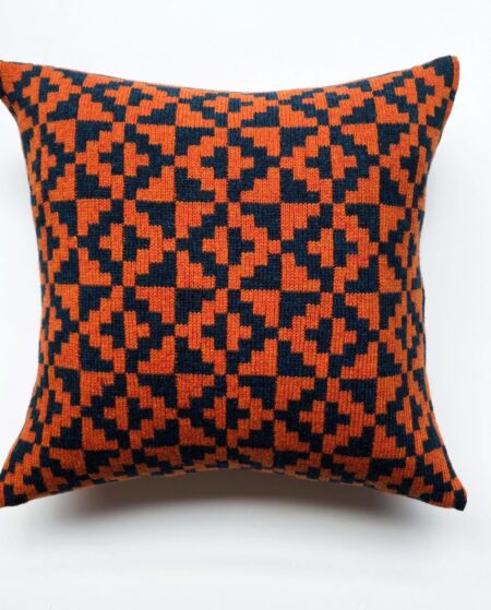 Petrol and Orange Geometric Cushion 100% Lambswool