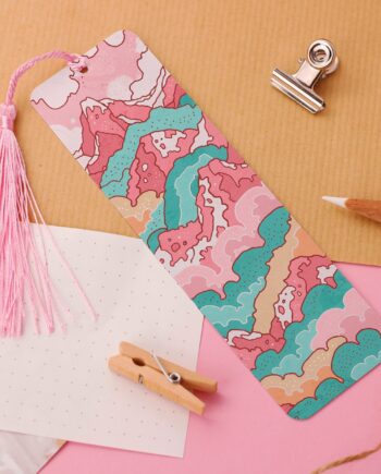 Raspberry Hills Aluminium Bookmark, Cute Mountain Art, Pink Cute Illustration Bookmark