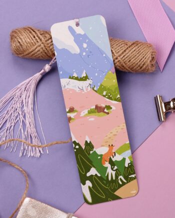 Winter Landscape Aluminium Bookmark, Polar Bear, Fox, Illustration Book Art