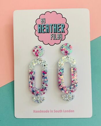 White Silver and Blue Geometric Glitter Earrings