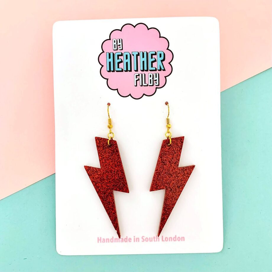 Red Glitter Lightening Bolt Earrings