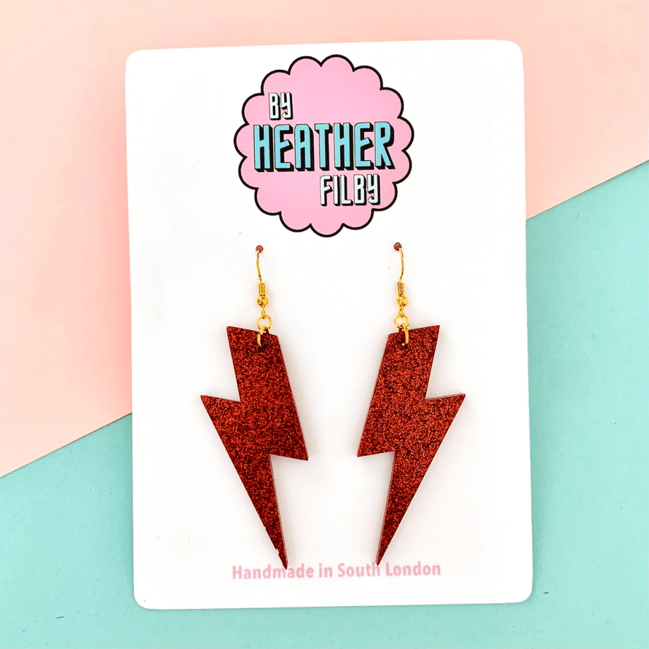 Red Glitter Lightening Bolt Earrings