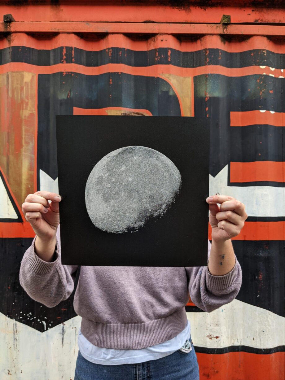 Moonshine (graphite paper, glitter moon) Screen print