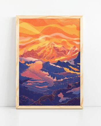 Sunrise Art Print, Landscape Print, Mountains, Sunset Landscape, Mountain Illustration, Gift for Him