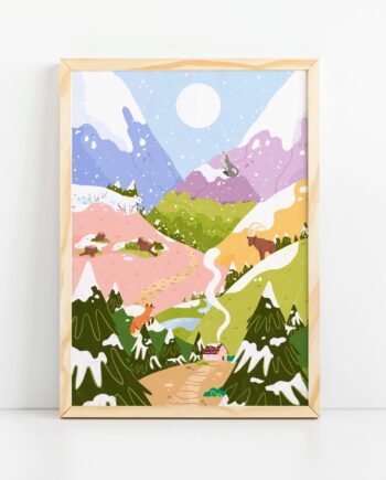 Winter Landscape Art Print, Moutains Art Print, Valley Illustrations, Cute Animals, Colourful Art