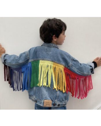 Vintage kids denim jacket with rainbow tassels