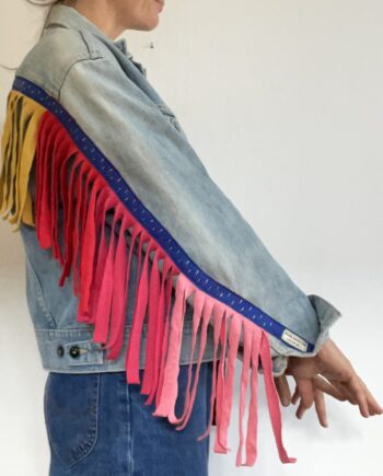 Vintage denim jacket with recycled rainbow tassels