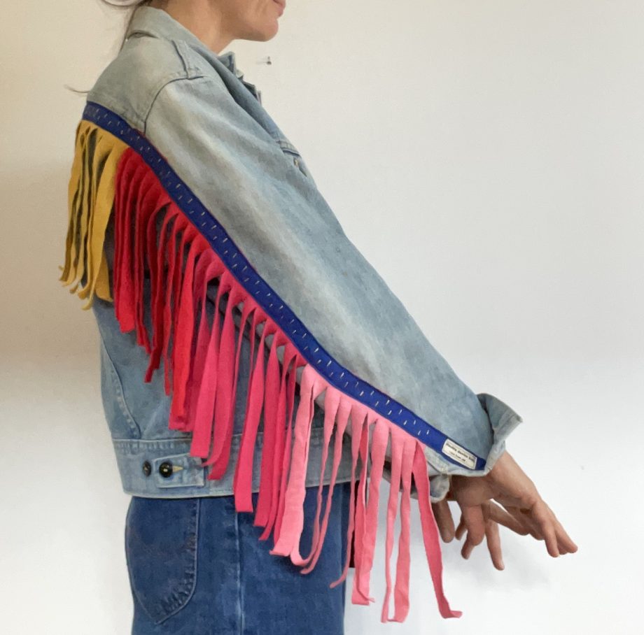 Vintage denim jacket with recycled rainbow tassels