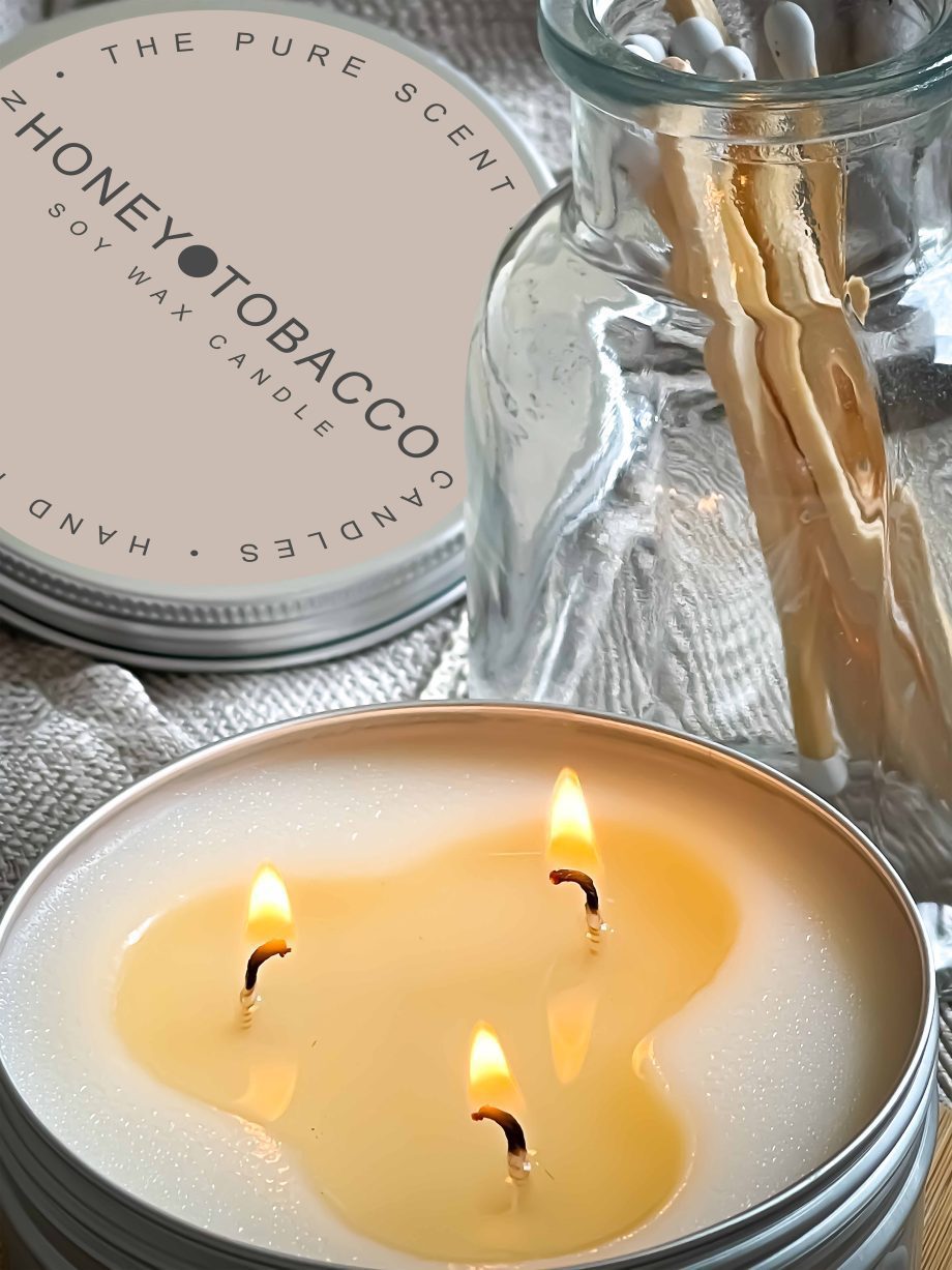 Honey and Tobacco 3 Wick Soy Candle in a Tin