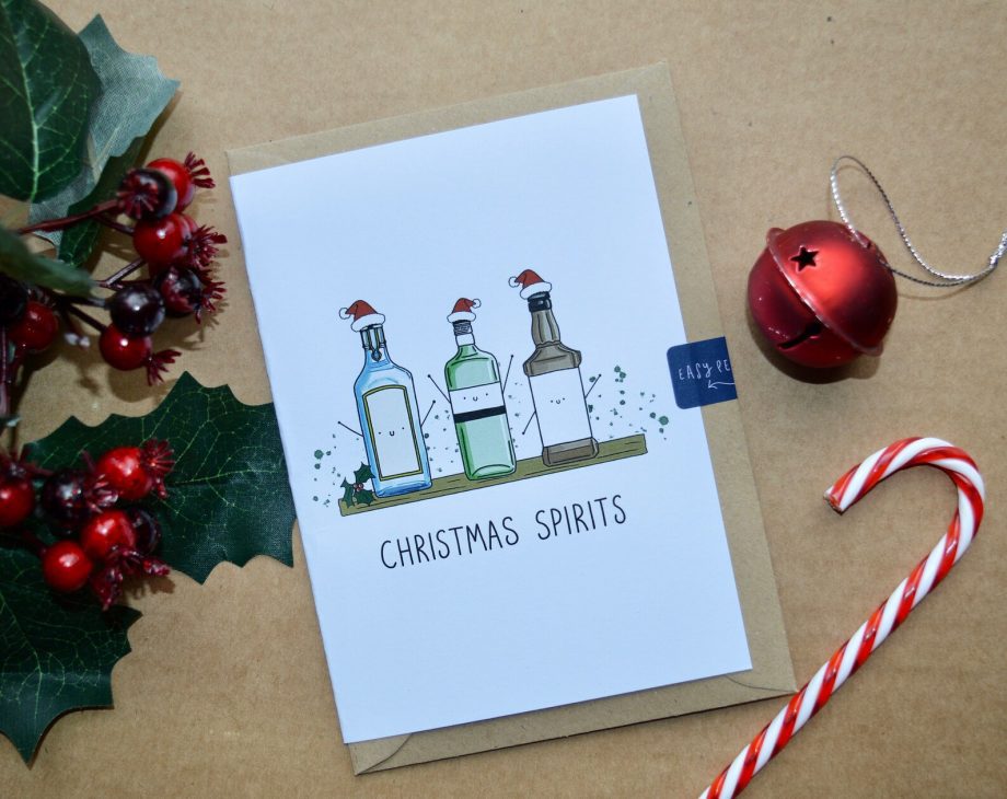 Christmas Card “Christmas Spirits” 3 bottles of spirits in a row