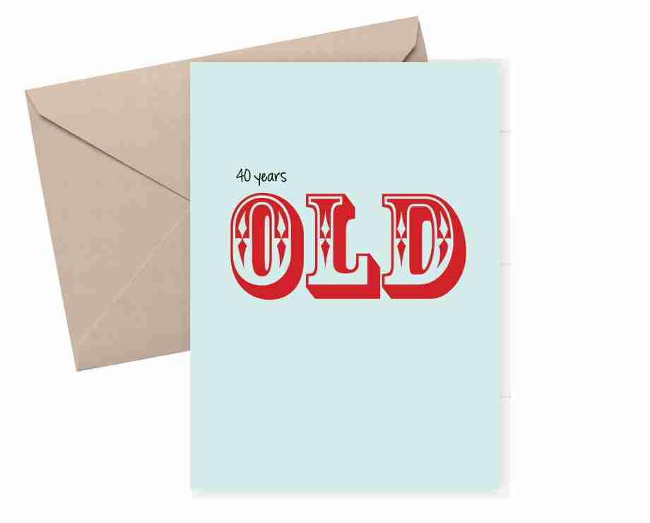 40th Birthday Card - 40 Years Old. Milestone birthday card. Red text on a mint background