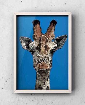 The Colourful Giant - Giraffe Portrait Art Print by Pierce Braysher Illustration - White Frame on a White Concrete Wall