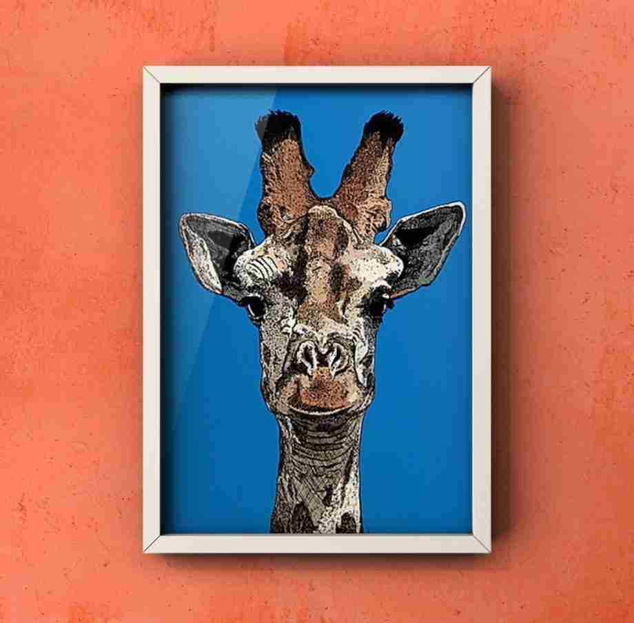 The Colourful Giant - Giraffe Portrait Art Print by Pierce Braysher Illustration - White Frame on a Orange Wall