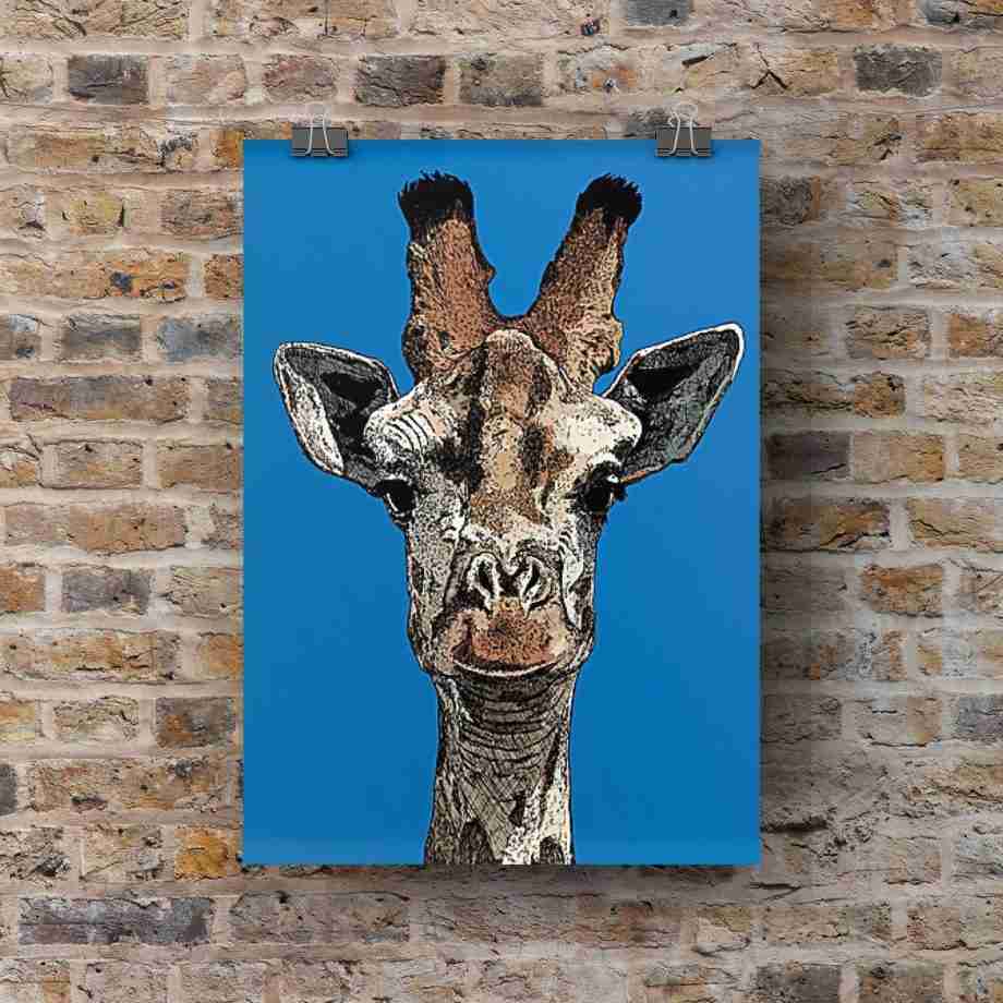 The Colourful Giant - Giraffe Portrait Art Print by Pierce Braysher Illustration - on a Brick Wall