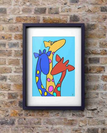 The Colourful Giraffes Art Print in a mounted black frame